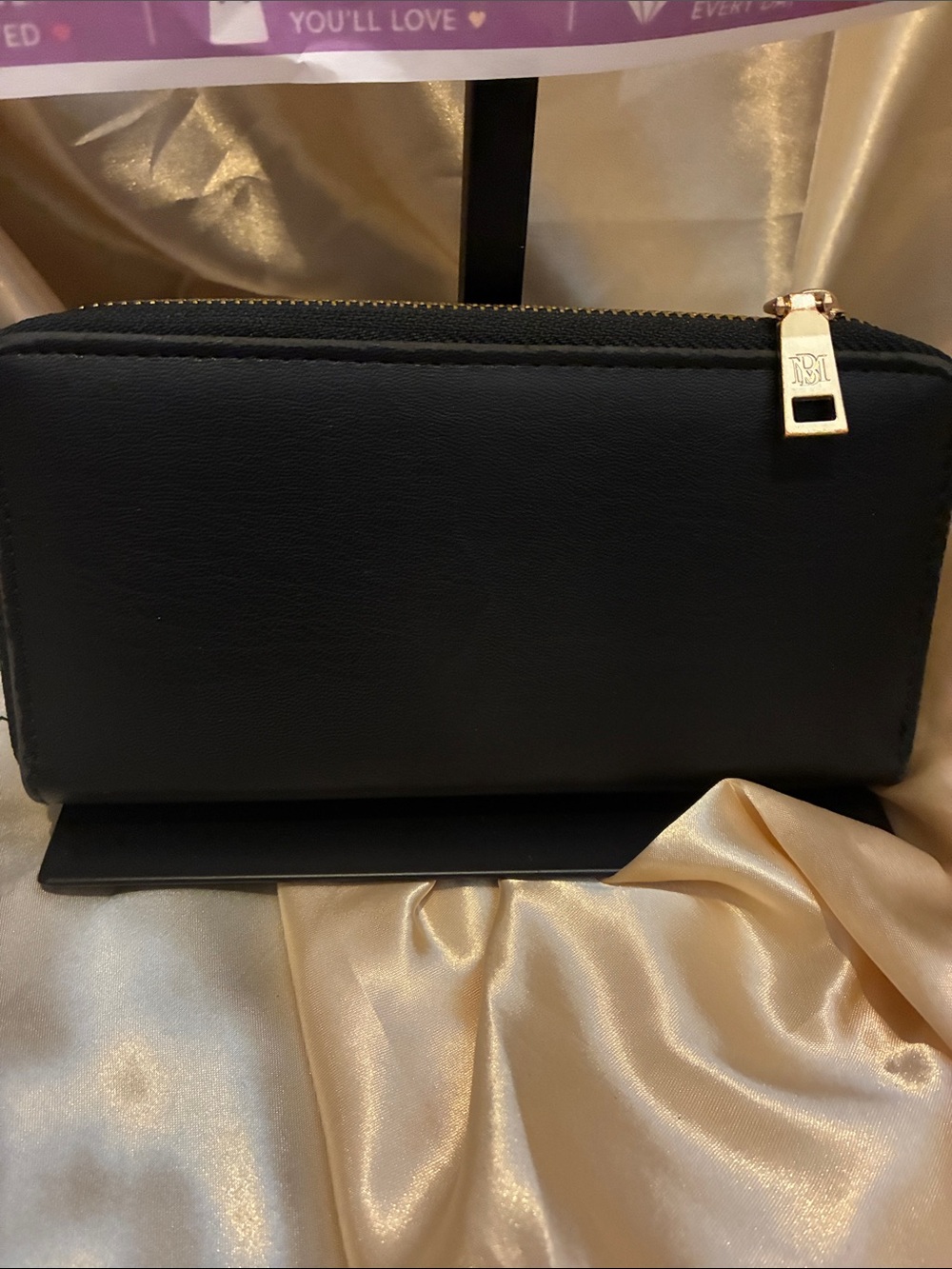 Badgley Mischka Black Studded Zip Wallet with Gold Logo - Picture 2 of 3